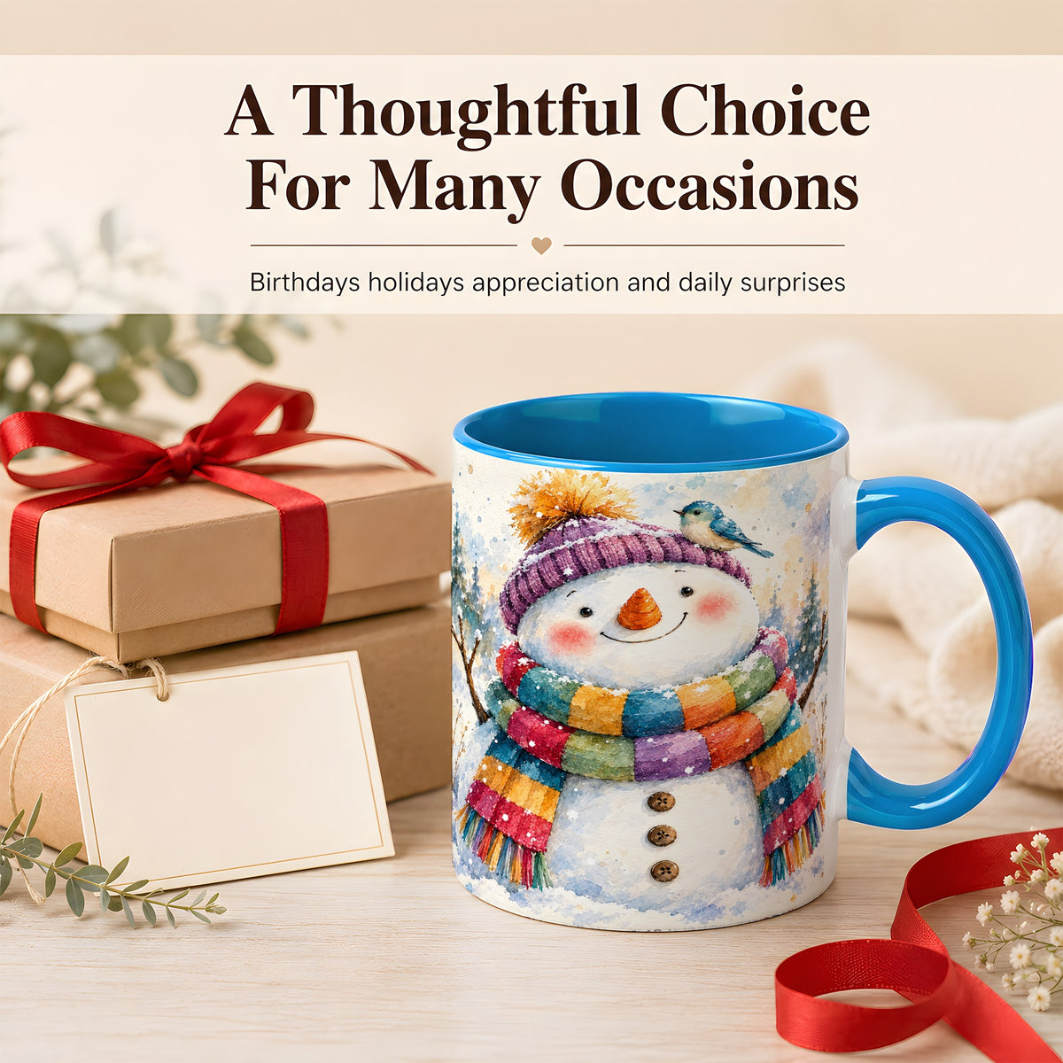 #pl[11oz|Blue] Cheerful Snowman Coffee Mug, Winter Bird Mug, Ceramic Cup