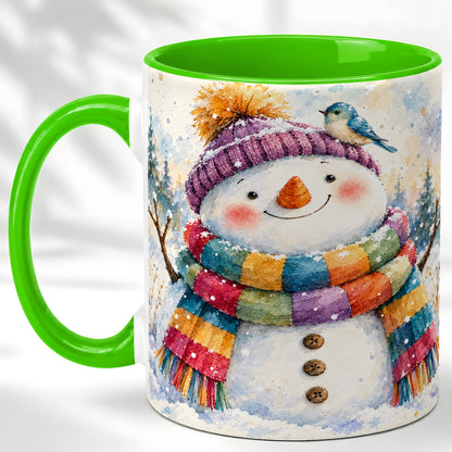 #pl[11oz|Green] Cheerful Snowman Coffee Mug, Winter Bird Mug, Ceramic Cup