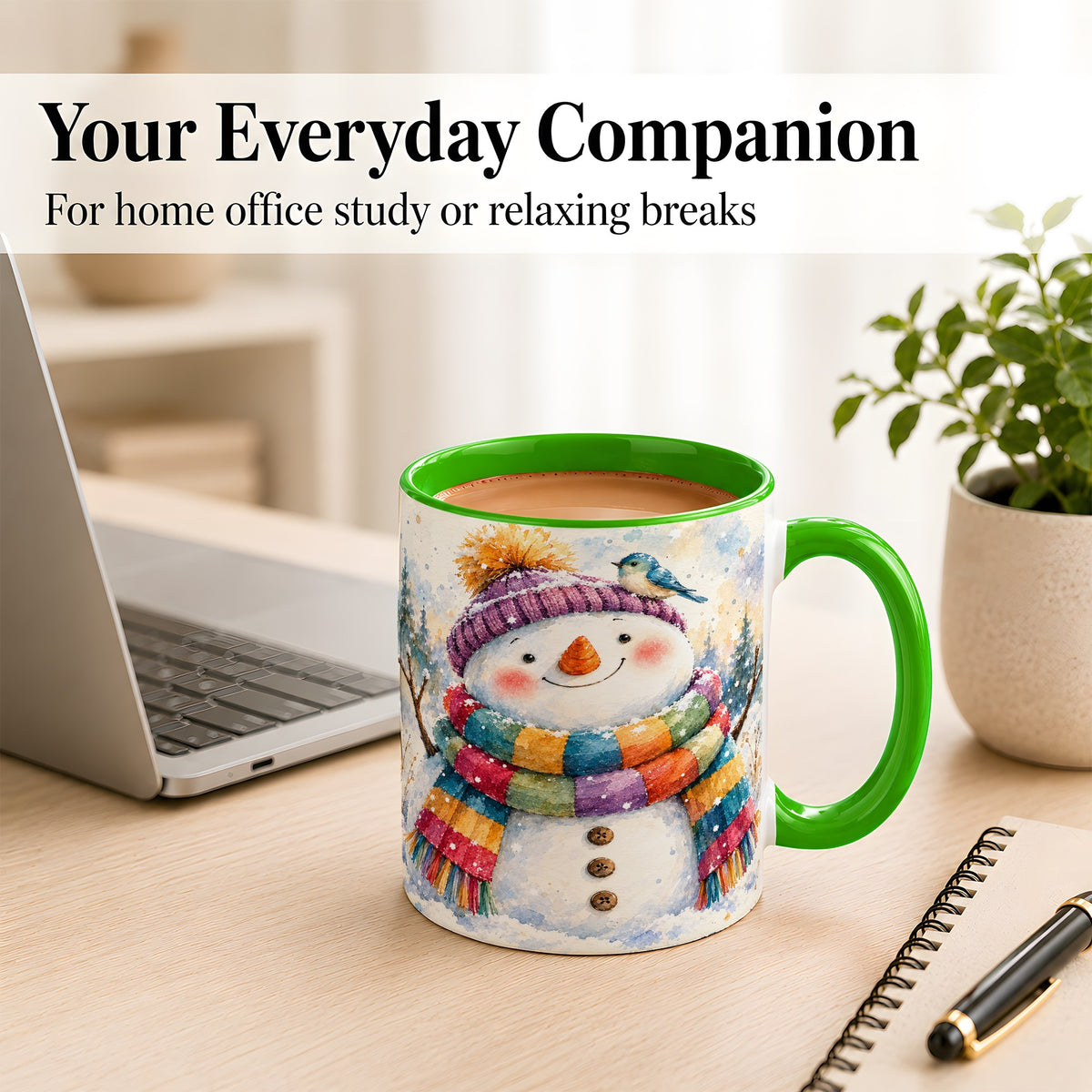 #pl[11oz|Green] Cheerful Snowman Coffee Mug, Winter Bird Mug, Ceramic Cup