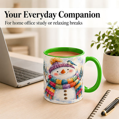 #pl[11oz|Green] Cheerful Snowman Coffee Mug, Winter Bird Mug, Ceramic Cup