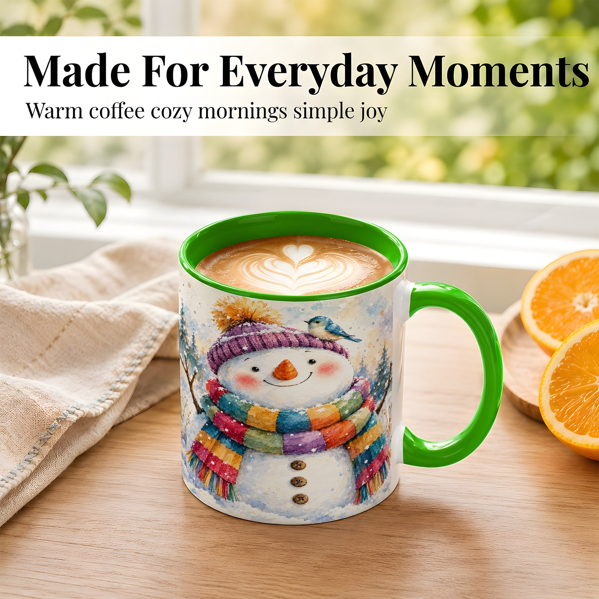 #pl[11oz|Green] Cheerful Snowman Coffee Mug, Winter Bird Mug, Ceramic Cup