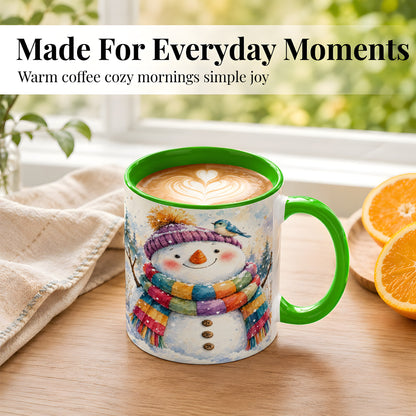 #pl[11oz|Green] Cheerful Snowman Coffee Mug, Winter Bird Mug, Ceramic Cup