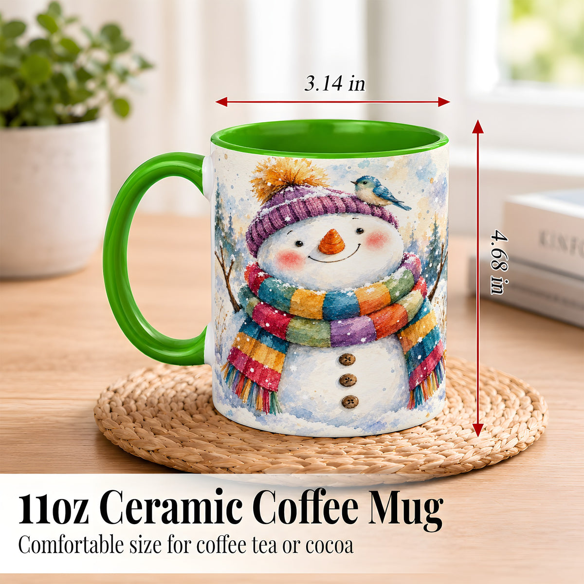 #pl[11oz|Green] Cheerful Snowman Coffee Mug, Winter Bird Mug, Ceramic Cup