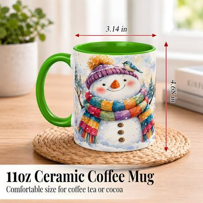 #pl[11oz|Green] Cheerful Snowman Coffee Mug, Winter Bird Mug, Ceramic Cup