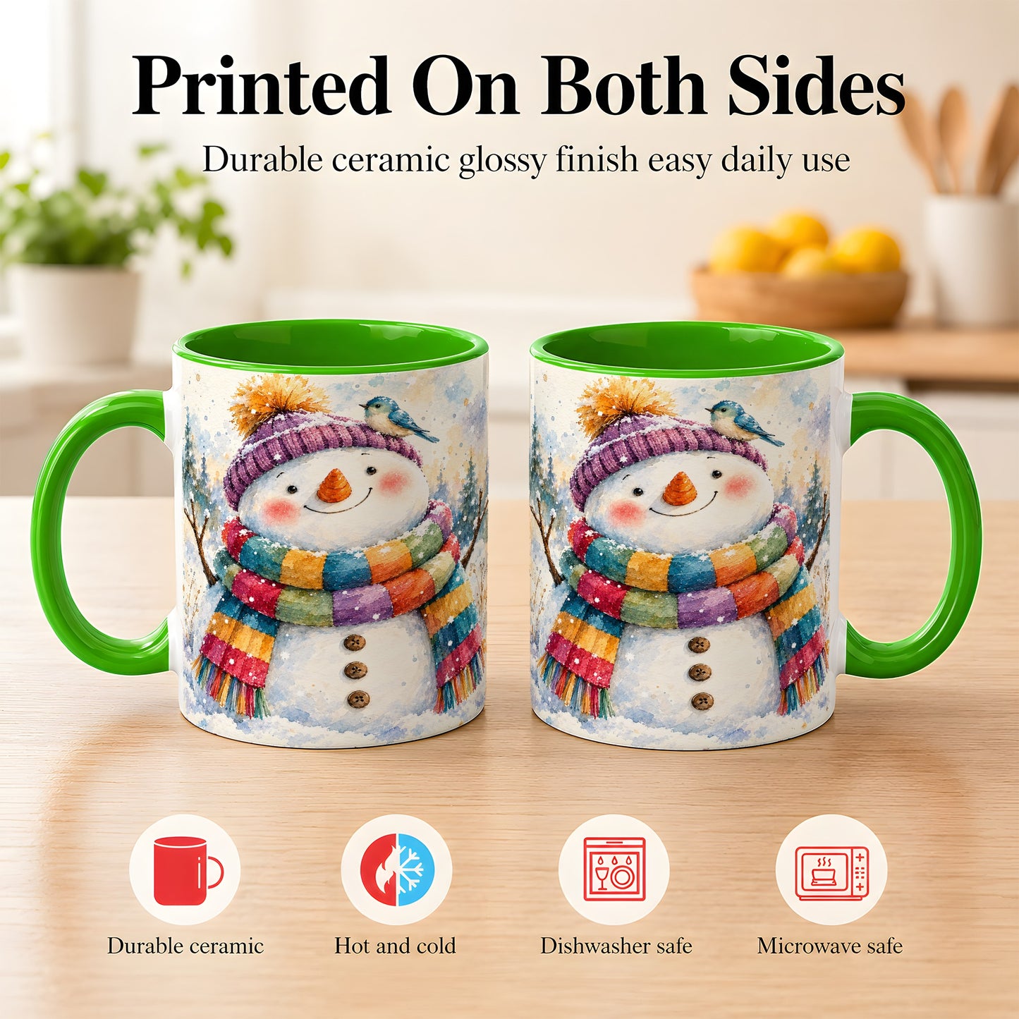 #pl[11oz|Green] Cheerful Snowman Coffee Mug, Winter Bird Mug, Ceramic Cup