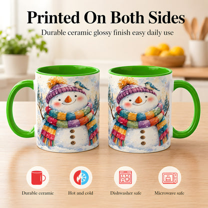 #pl[11oz|Green] Cheerful Snowman Coffee Mug, Winter Bird Mug, Ceramic Cup