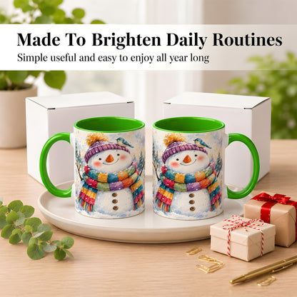 #pl[11oz|Green] Cheerful Snowman Coffee Mug, Winter Bird Mug, Ceramic Cup