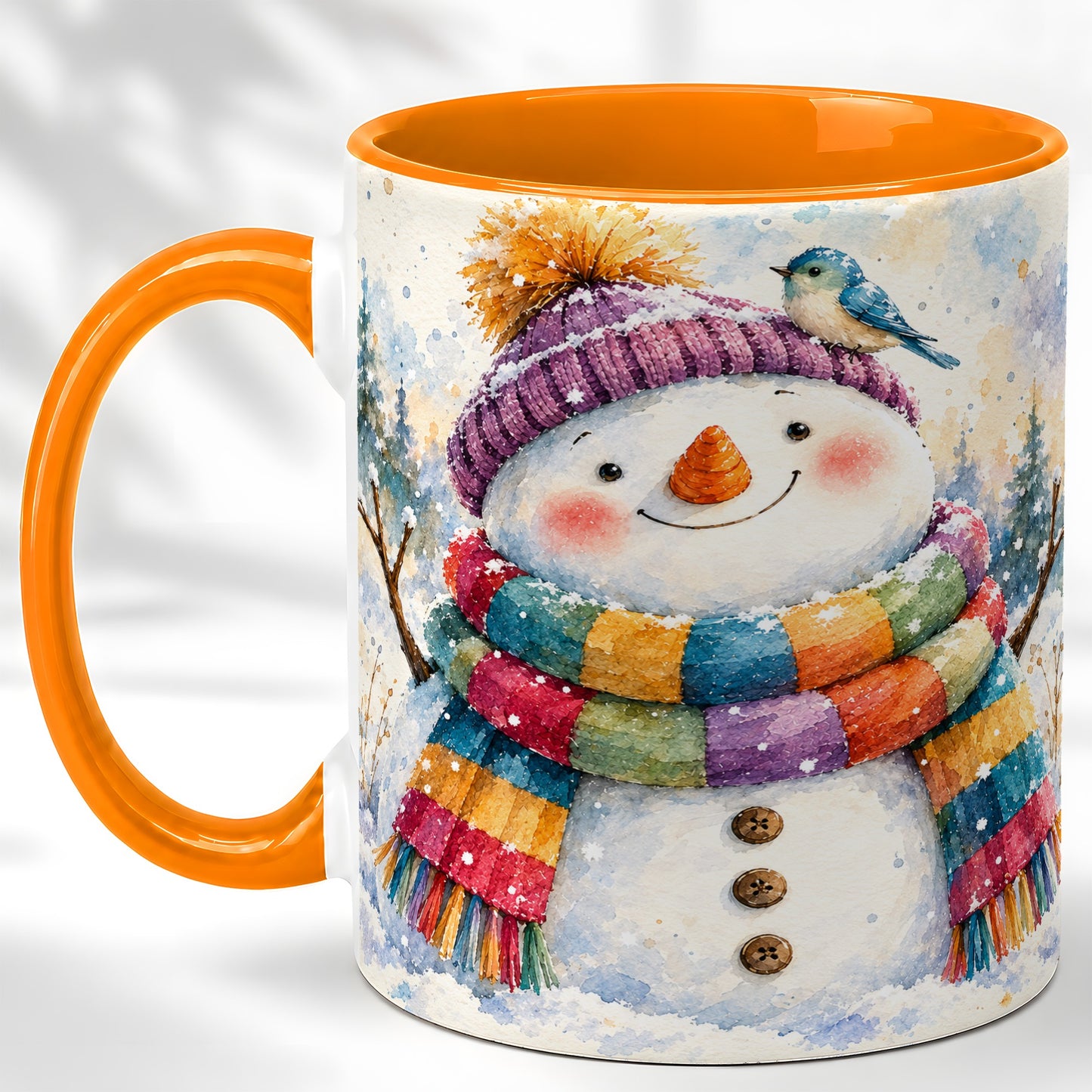 #pl[11oz|Orange] Cheerful Snowman Coffee Mug, Winter Bird Mug, Ceramic Cup
