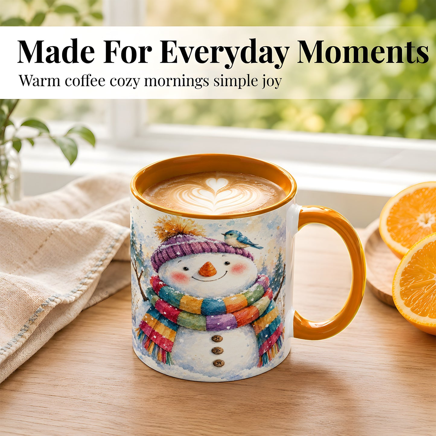 #pl[11oz|Orange] Cheerful Snowman Coffee Mug, Winter Bird Mug, Ceramic Cup