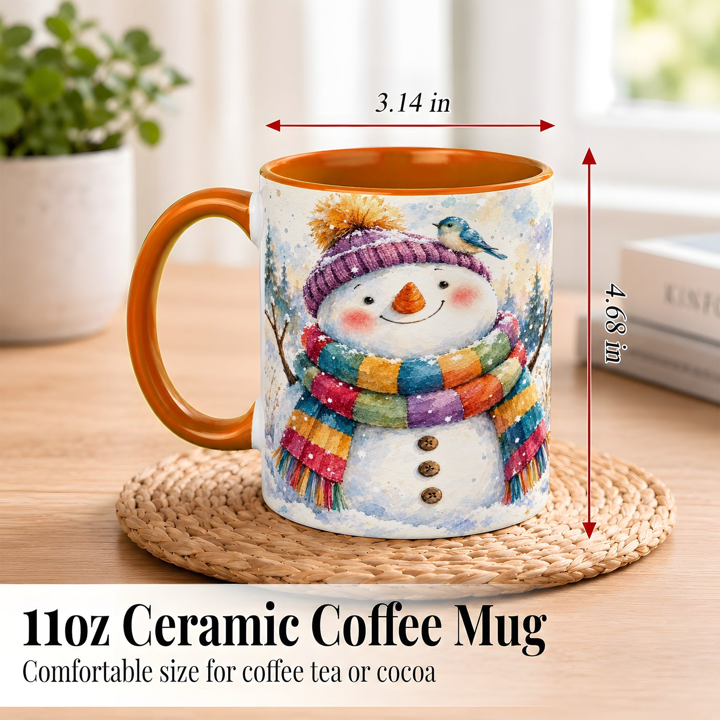 #pl[11oz|Orange] Cheerful Snowman Coffee Mug, Winter Bird Mug, Ceramic Cup