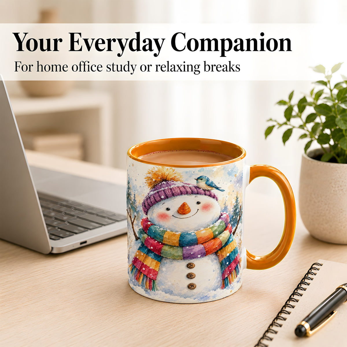 #pl[11oz|Orange] Cheerful Snowman Coffee Mug, Winter Bird Mug, Ceramic Cup