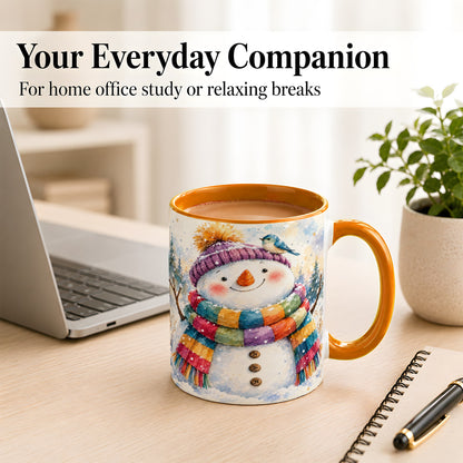 #pl[11oz|Orange] Cheerful Snowman Coffee Mug, Winter Bird Mug, Ceramic Cup