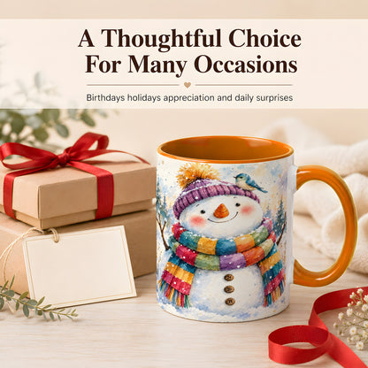 #pl[11oz|Orange] Cheerful Snowman Coffee Mug, Winter Bird Mug, Ceramic Cup