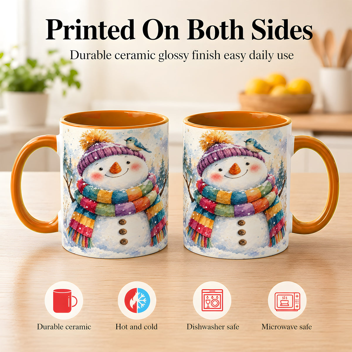 #pl[11oz|Orange] Cheerful Snowman Coffee Mug, Winter Bird Mug, Ceramic Cup