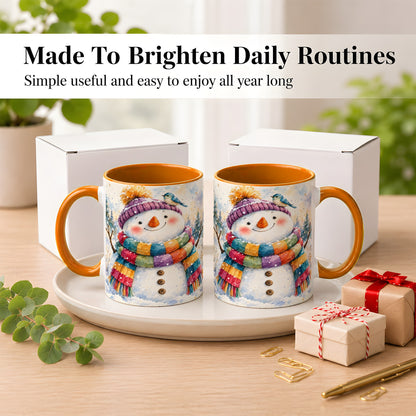 #pl[11oz|Orange] Cheerful Snowman Coffee Mug, Winter Bird Mug, Ceramic Cup