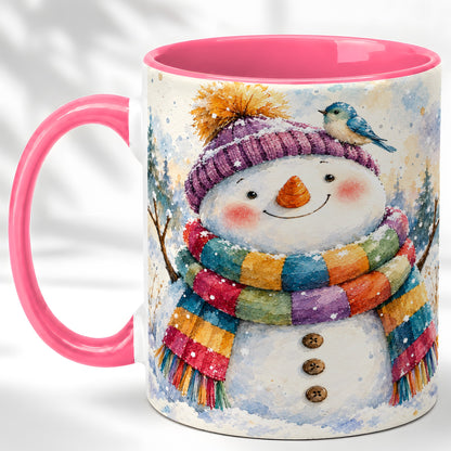 #pl[11oz|Pink] Cheerful Snowman Coffee Mug, Winter Bird Mug, Ceramic Cup