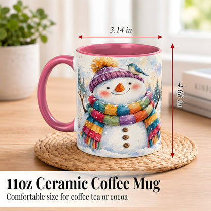 #pl[11oz|Pink] Cheerful Snowman Coffee Mug, Winter Bird Mug, Ceramic Cup