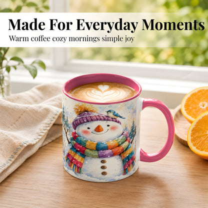 #pl[11oz|Pink] Cheerful Snowman Coffee Mug, Winter Bird Mug, Ceramic Cup