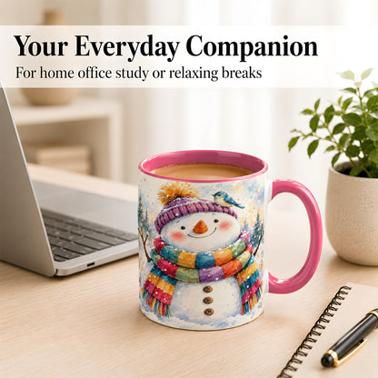 #pl[11oz|Pink] Cheerful Snowman Coffee Mug, Winter Bird Mug, Ceramic Cup