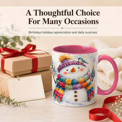 #pl[11oz|Pink] Cheerful Snowman Coffee Mug, Winter Bird Mug, Ceramic Cup