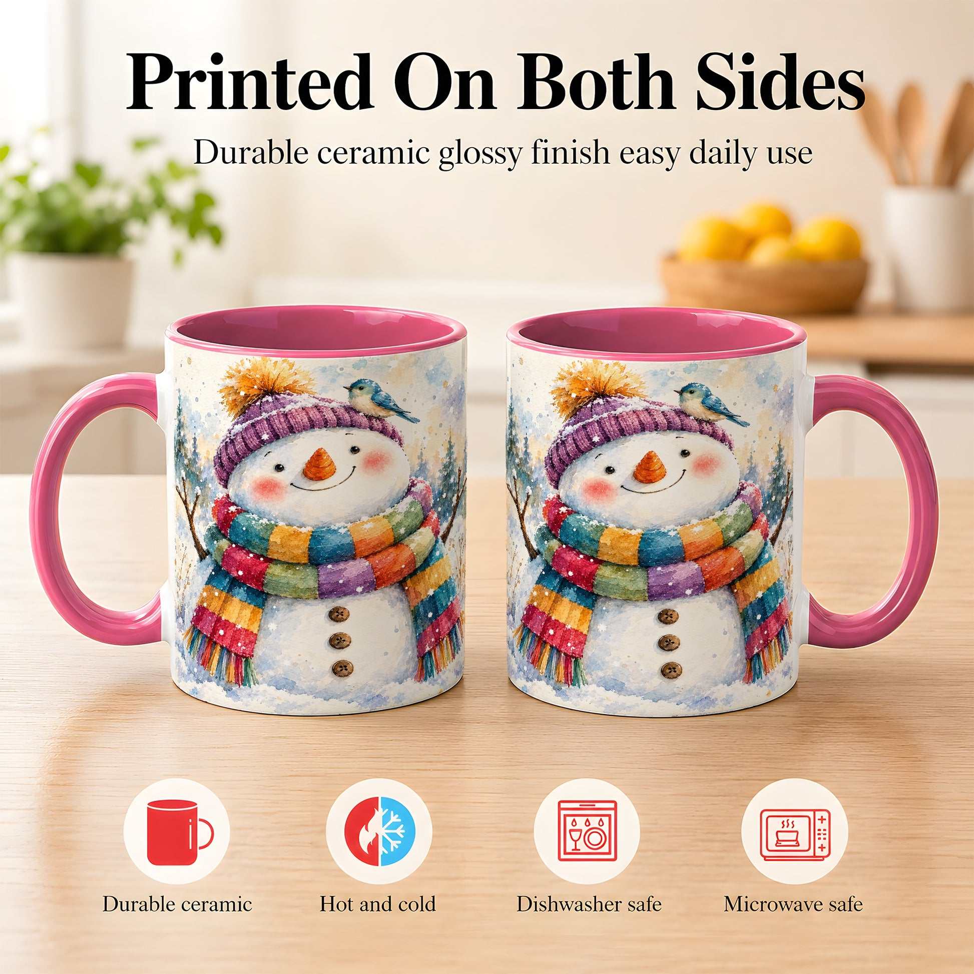 #pl[11oz|Pink] Cheerful Snowman Coffee Mug, Winter Bird Mug, Ceramic Cup
