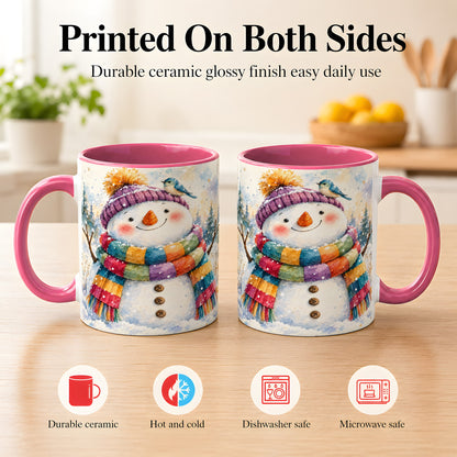 #pl[11oz|Pink] Cheerful Snowman Coffee Mug, Winter Bird Mug, Ceramic Cup