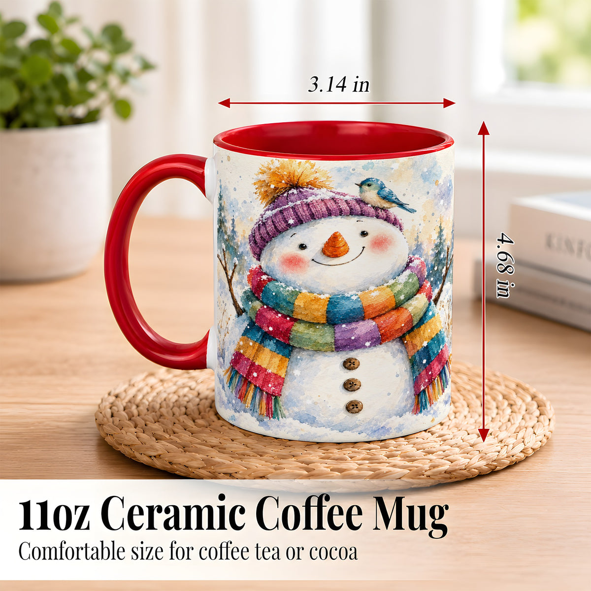 #pl[11oz|Red] Cheerful Snowman Coffee Mug, Winter Bird Mug, Ceramic Cup