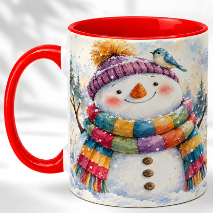 Cheerful Snowman Coffee Mug, Winter Bird Mug, Ceramic Cup