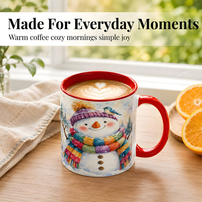 #pl[11oz|Red] Cheerful Snowman Coffee Mug, Winter Bird Mug, Ceramic Cup