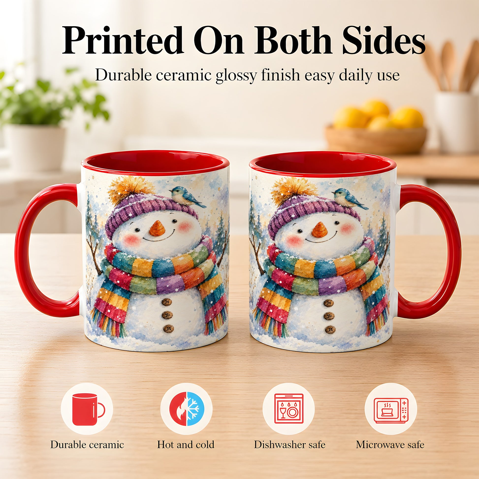 #pl[11oz|Red] Cheerful Snowman Coffee Mug, Winter Bird Mug, Ceramic Cup