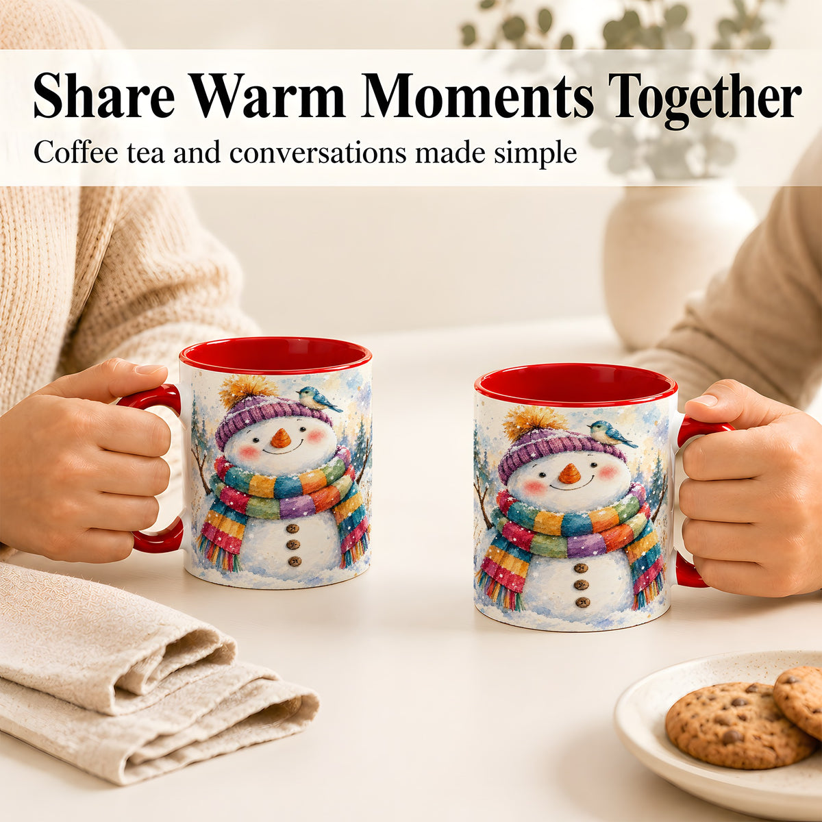 #pl[11oz|Red] Cheerful Snowman Coffee Mug, Winter Bird Mug, Ceramic Cup