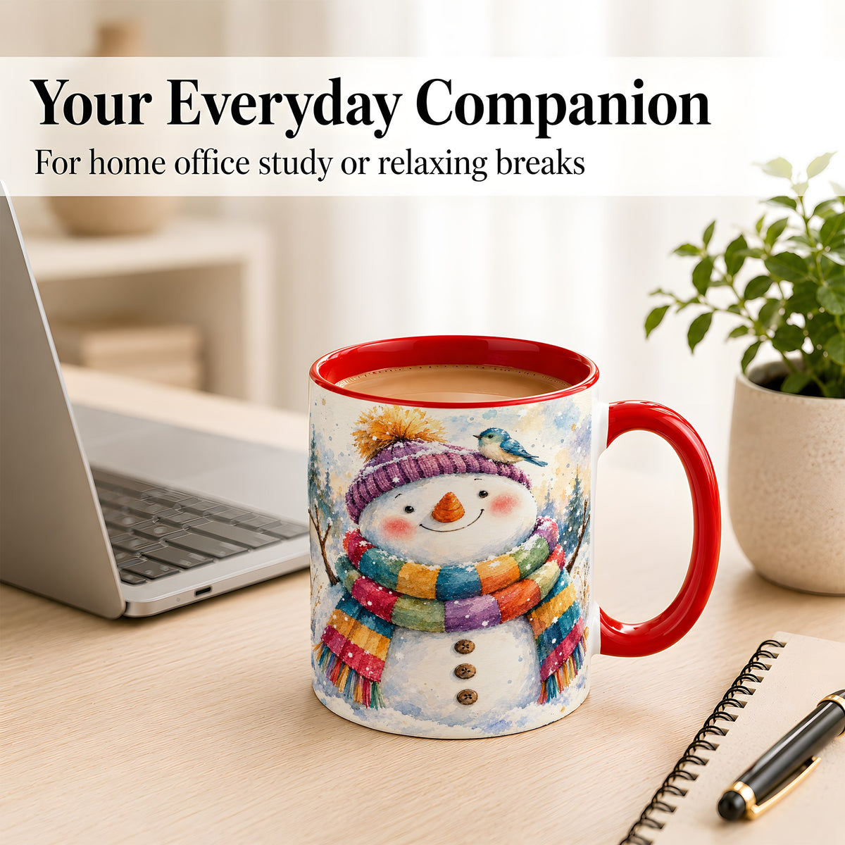 #pl[11oz|Red] Cheerful Snowman Coffee Mug, Winter Bird Mug, Ceramic Cup