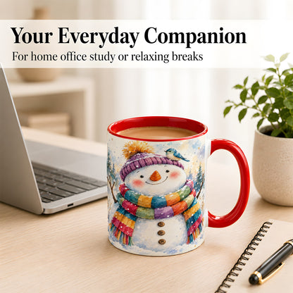 #pl[11oz|Red] Cheerful Snowman Coffee Mug, Winter Bird Mug, Ceramic Cup