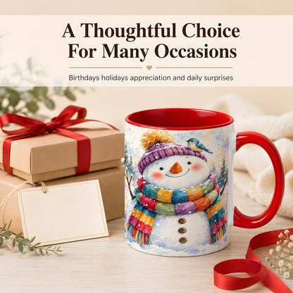 #pl[11oz|Red] Cheerful Snowman Coffee Mug, Winter Bird Mug, Ceramic Cup