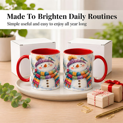 #pl[11oz|Red] Cheerful Snowman Coffee Mug, Winter Bird Mug, Ceramic Cup