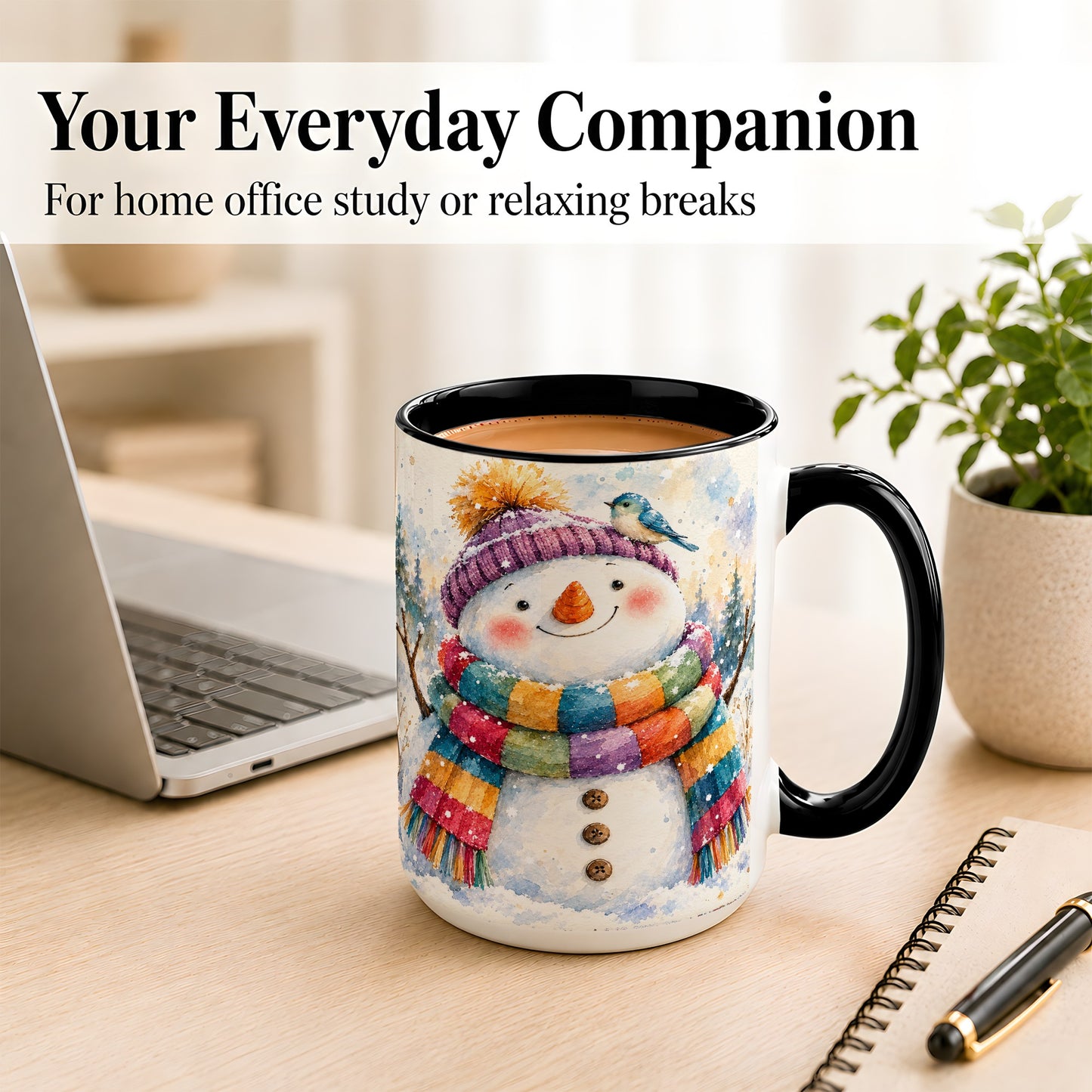 #pl[15oz|Black] Cheerful Snowman Coffee Mug, Winter Bird Mug, Ceramic Cup