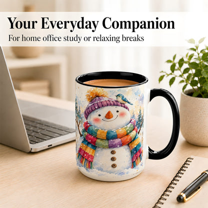 #pl[15oz|Black] Cheerful Snowman Coffee Mug, Winter Bird Mug, Ceramic Cup