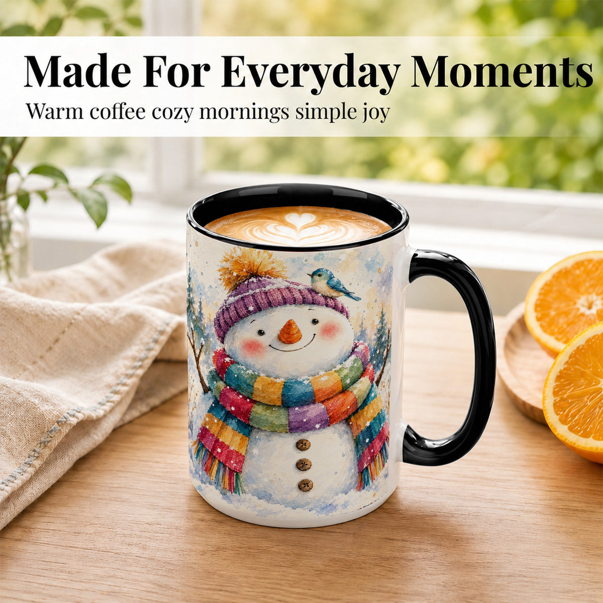 #pl[15oz|Black] Cheerful Snowman Coffee Mug, Winter Bird Mug, Ceramic Cup