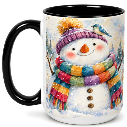 #pl[15oz|Black] Cheerful Snowman Coffee Mug, Winter Bird Mug, Ceramic Cup