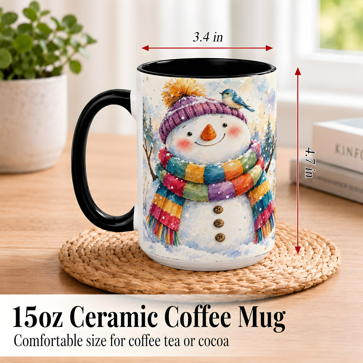 #pl[15oz|Black] Cheerful Snowman Coffee Mug, Winter Bird Mug, Ceramic Cup