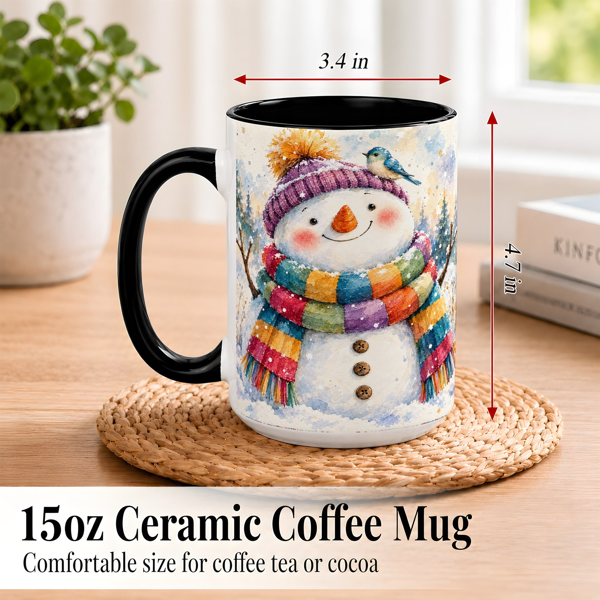 #pl[15oz|Black] Cheerful Snowman Coffee Mug, Winter Bird Mug, Ceramic Cup