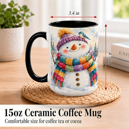 #pl[15oz|Black] Cheerful Snowman Coffee Mug, Winter Bird Mug, Ceramic Cup