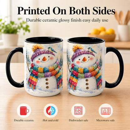 #pl[15oz|Black] Cheerful Snowman Coffee Mug, Winter Bird Mug, Ceramic Cup