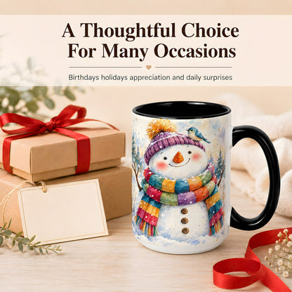 #pl[15oz|Black] Cheerful Snowman Coffee Mug, Winter Bird Mug, Ceramic Cup
