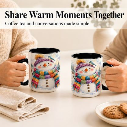#pl[15oz|Black] Cheerful Snowman Coffee Mug, Winter Bird Mug, Ceramic Cup