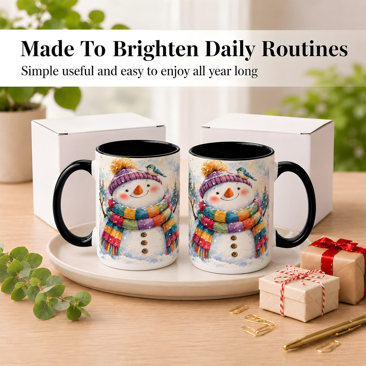 #pl[15oz|Black] Cheerful Snowman Coffee Mug, Winter Bird Mug, Ceramic Cup