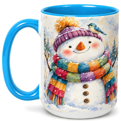 #pl[15oz|Blue] Cheerful Snowman Coffee Mug, Winter Bird Mug, Ceramic Cup