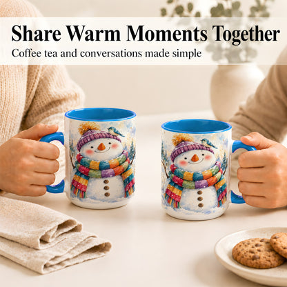 #pl[15oz|Blue] Cheerful Snowman Coffee Mug, Winter Bird Mug, Ceramic Cup