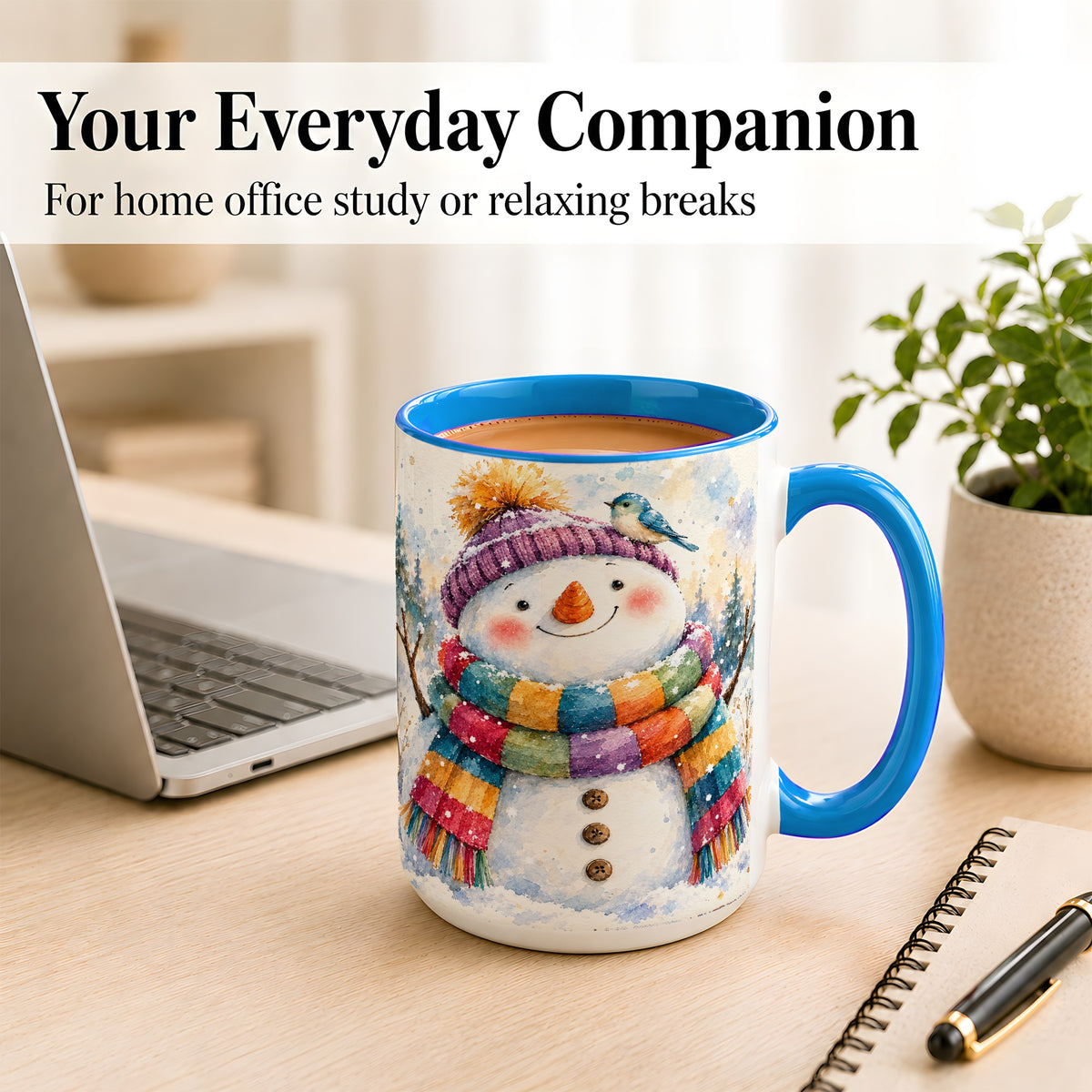 #pl[15oz|Blue] Cheerful Snowman Coffee Mug, Winter Bird Mug, Ceramic Cup