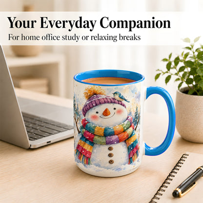 #pl[15oz|Blue] Cheerful Snowman Coffee Mug, Winter Bird Mug, Ceramic Cup